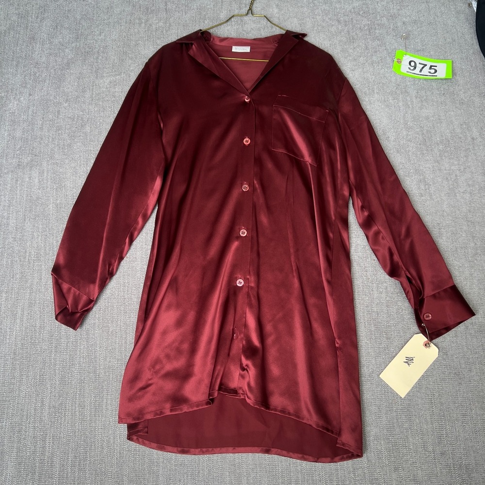 Malizia By La Perla Shirt Dress Womens 2 Burgundy Silk High Low Hem Button Front